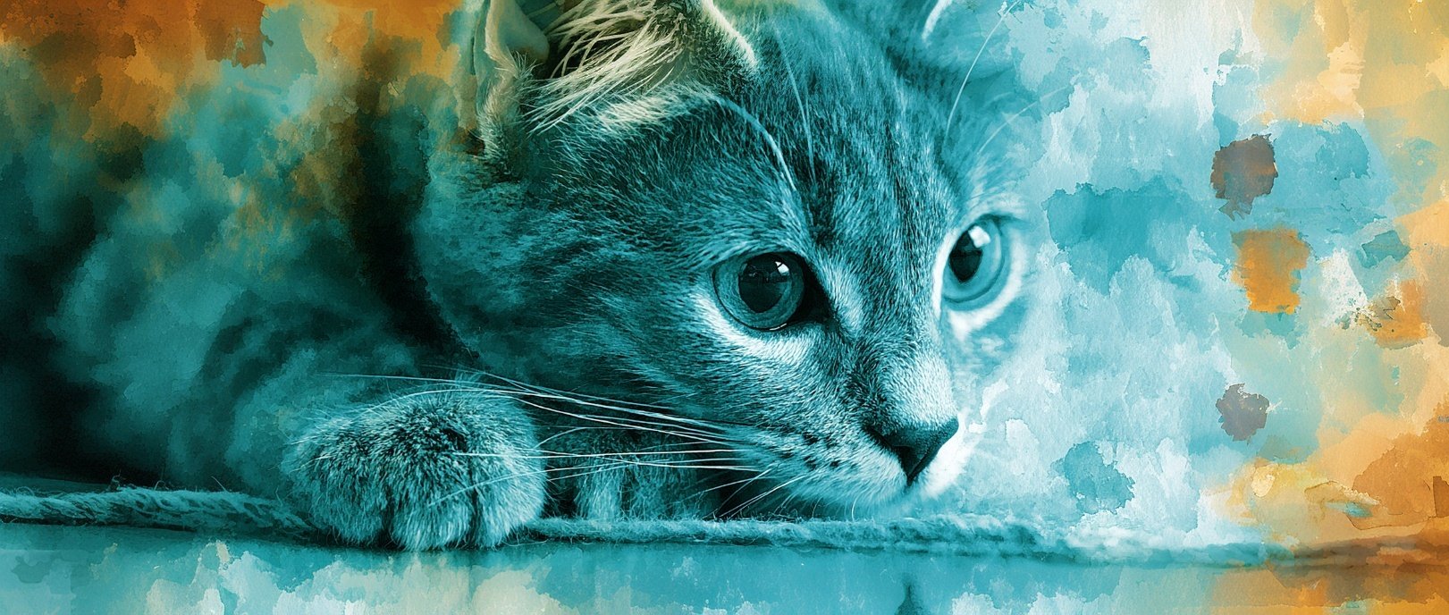 A watercolor cat portrait with orange and teal wash background — VDA feline patients