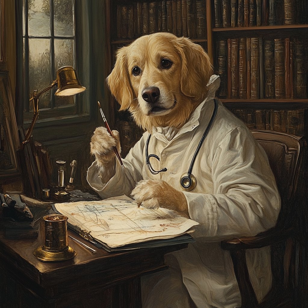 An old-master style oil painting of a golden retriever — the kind of patient who walks in nervous and walks out lighter.