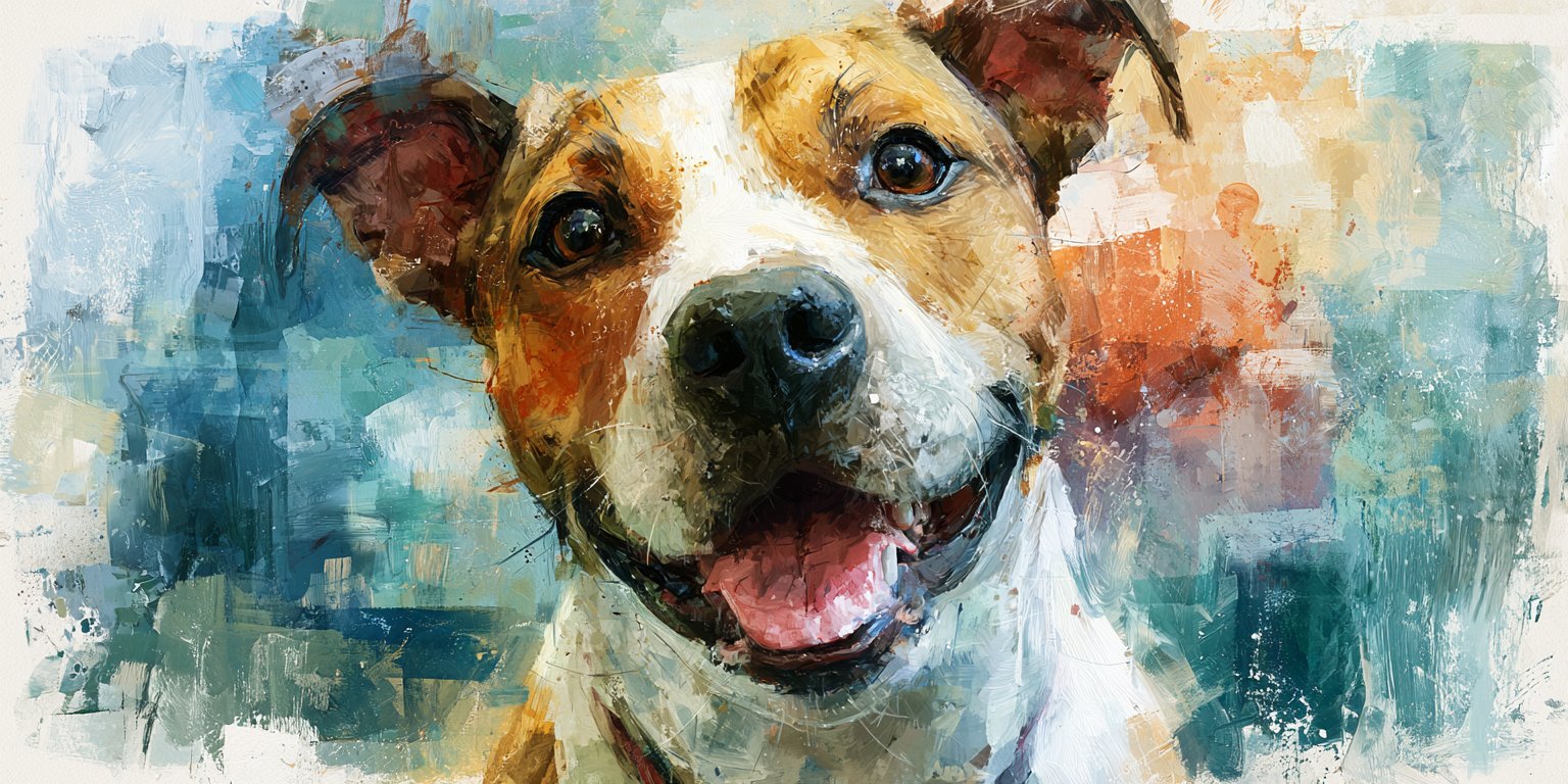 A bright watercolor portrait of a happy mixed-breed dog with an open, friendly expression — the kind of patient we exist for.