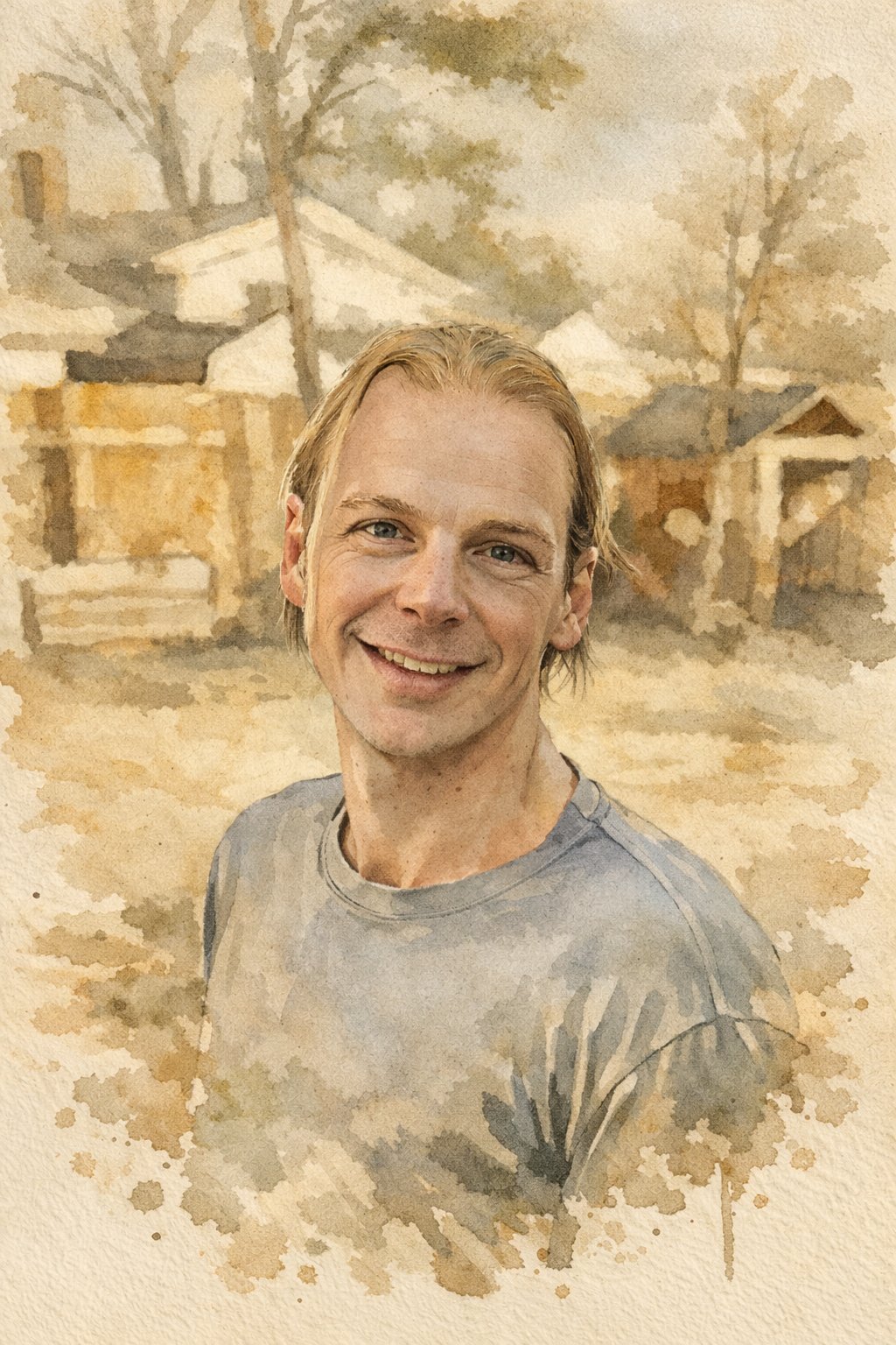 A warm-sepia watercolor portrait of Dr. Luke Anderson, DVM — founder of Veterinary Dental Arts — smiling in a Fort Collins yard with houses and trees softly painted behind him.